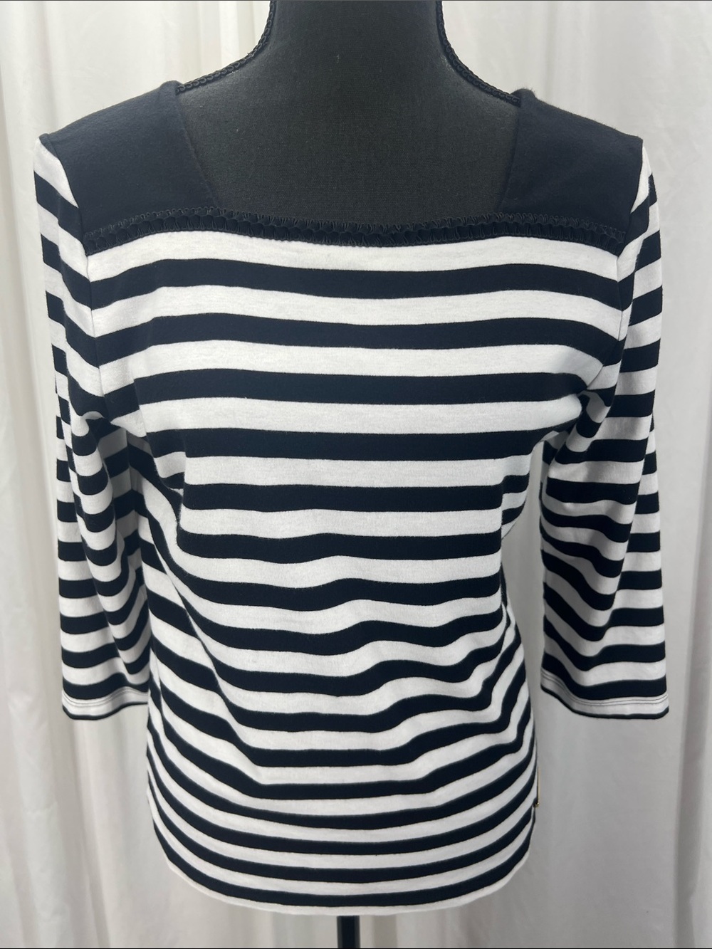 Jones New York Black White Striped Knit Top Women’s L Cotton 3/4 Sleeve Classic